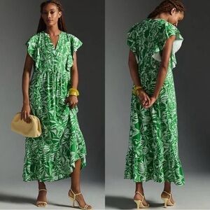 Anthropologie Green Tropical-Print Flutter Sleeve Maxi Dress
